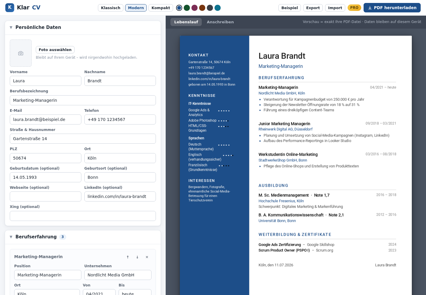 KlarCV Editor mit Live-PDF-Vorschau eines deutschen Lebenslaufs